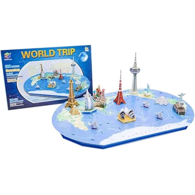 3D PUZZLE GLOBAL LANDMARKS WORLD TRIP MAP GRAND UNIQUE & COLLECTIBLE MODEL ASSEMBLY BUILDING KIT FOR KIDS & ADULTS 136PCS - Image 1